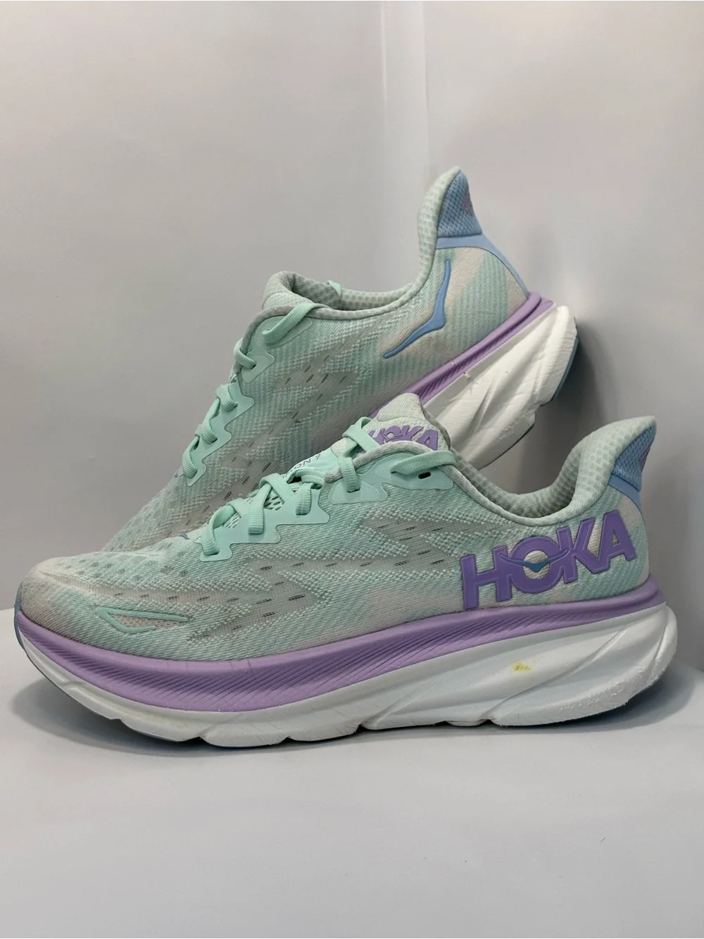 Hoka Clifton 9 Women's Size 10B Running Shoes Mint Green/Purple/White Sneakers